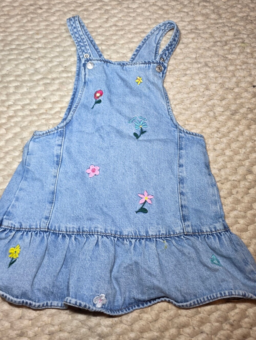 ZARA Girls Denim Dress Size 5 Years 110cm Blue Floral Embroidery Jumper
